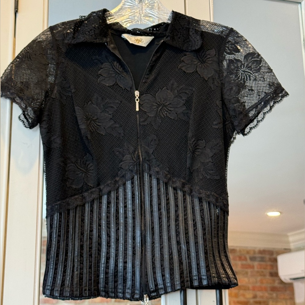 Sagaïe Paris Black Lace & Faux Leather Zip Top | Made in France | Size 1 (XS/S)